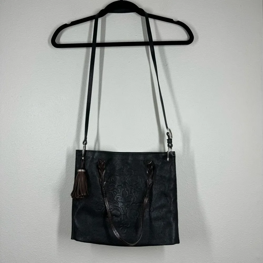 Brighton Black Leather Embossed Shoulder & Cross Body Bag Brown Handles Tassle